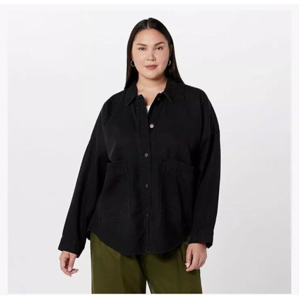 The Drop Shoulder  Denim Shirt Jacket Chore Womens 4X Washed Black Pilar Long